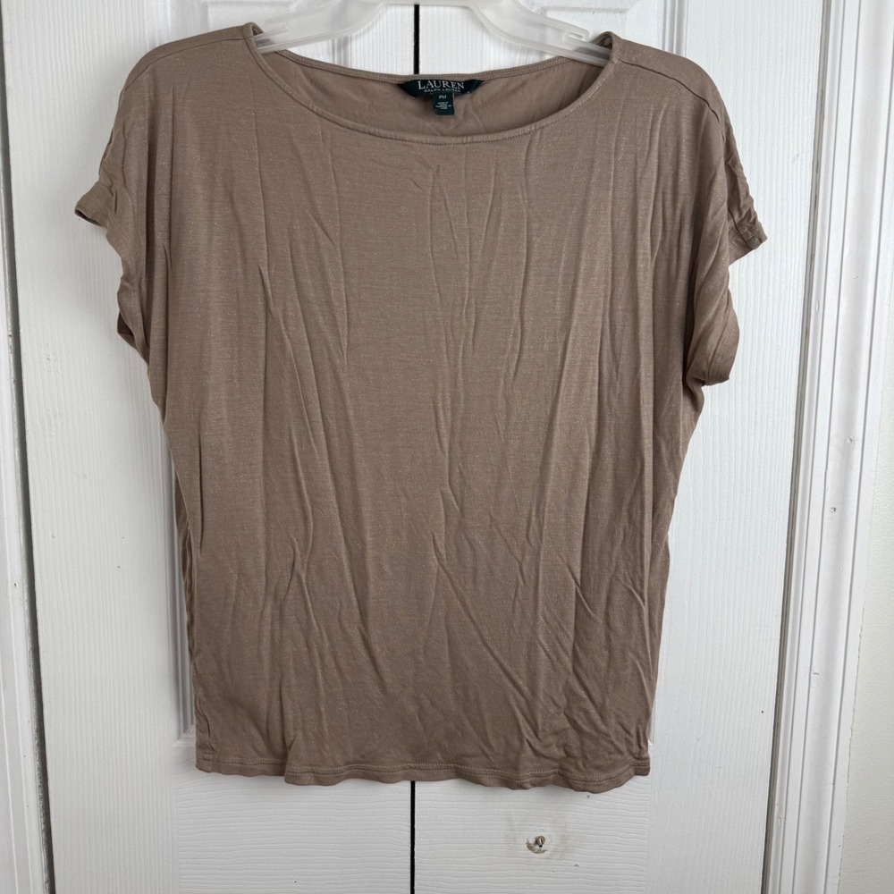 LAUREN RALPH LAUREN Womens PM Taupe Metallic Knit Short Sleeve Top Shirt